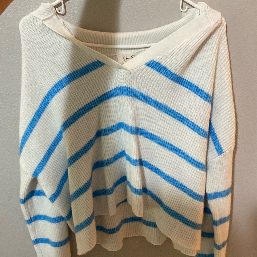white with blue striped sweater